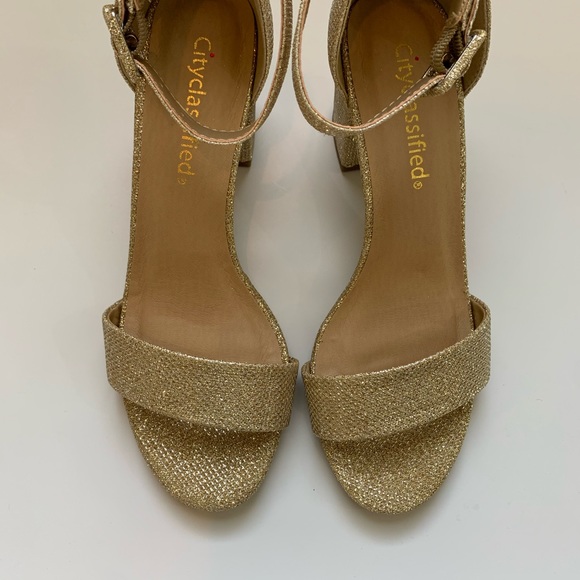 Gold shimmer open toe block heel dress sandals - Picture 2 of 5